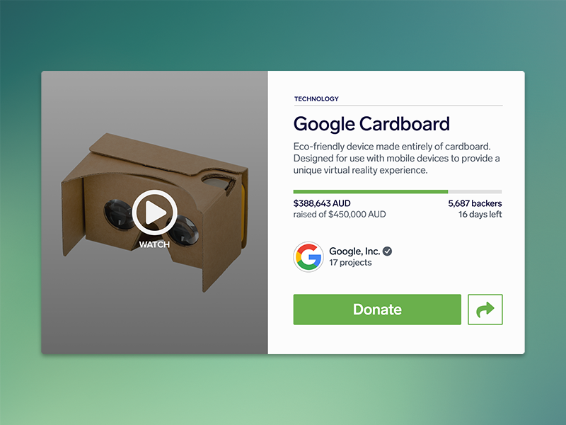 Daily UI #032 - Crowdfunding Campaign crowdfunding branding vr visual type ux ui product dailyui flat clean 032