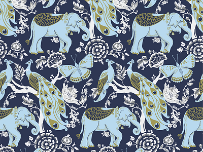 Elephant Repeat Pattern butterflies elephants flowers peacocks repeat pattern surface pattern design textile design