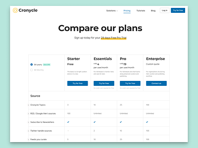 Cronycle plans page flat minimal plans product design ui ux web web design website