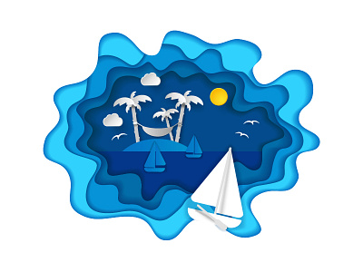 Tropical vacation carving illustration island palm paper paper art vector yacht