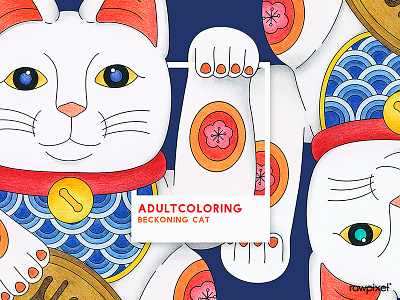 64 Pantone - Beckoning Cat adultcoloring blue colorpencil design graphic illustration japan pantone