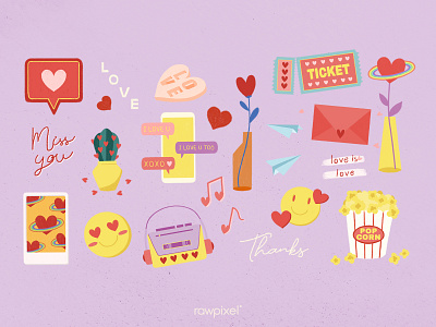 Valentine’s : Element Collection cactus cute emoji graphic heart illustration letter love polaroid popcorn radio rainbow sticker ticket valentine day