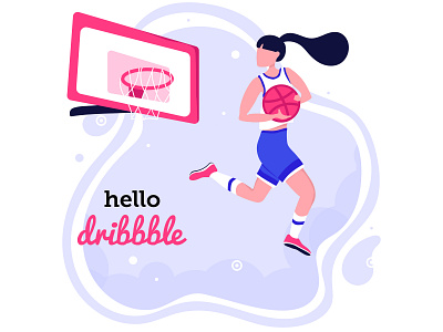 Hello Dribbble basketball character debut shot first shot flat style game girl character hello dribbble illustration sport