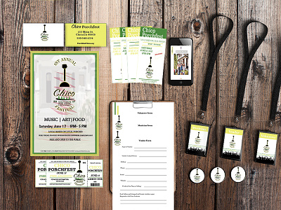 Chico Porchfest Branding Package branding business cards logo mockup tickets