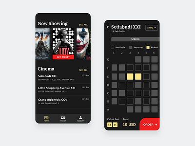 Cinema Movie Booking Apps 1 - Design Exploration apps black booking cinema clean dark exploration mobile movie show ticket ui ux