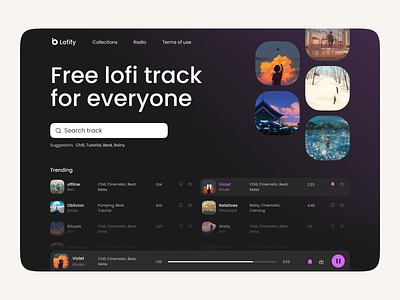 Lofi Track Free Download Platform - Design Exploration clean dark dark mode desktop lofi music music player spotify track ui ux