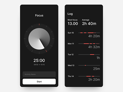 Focus Timer App - Design Exploration black ui clean dark ui focus minimalist pomodoro session simple time timer ui uiux ux watch