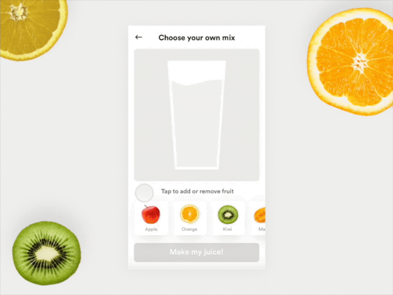 Juice Maker - Interaction Exploration animation beverage clean color fruit juice principle ui