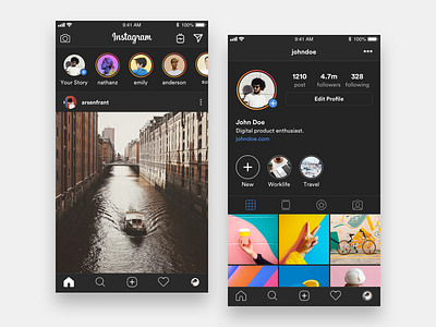 Instagram Dark Mode - Design Exploration black ui dark mode dark ui instagram ios redesign