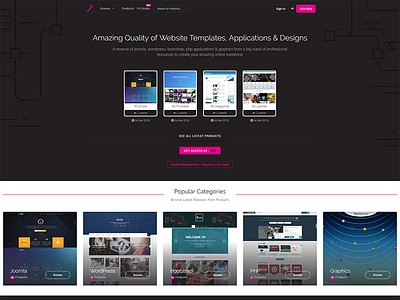 JoomHunt Home Page on Live black bootstrap design home joomla layout pink template theme ui web design wordpress