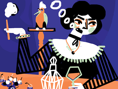 wine time bird cigarette colorful eating evening face fruit glass illustration smoke table wine woman
