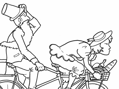 Tandem Racer bicycle bike black and white drawing illustration pen and ink picnic tandem