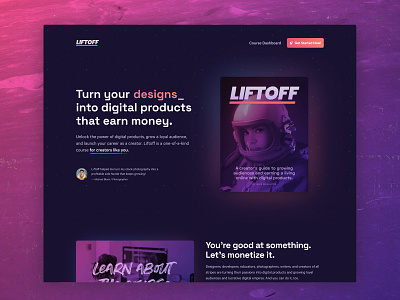 Liftoff Creator Course Website audiobook clean color course digital goods ebook ecommerce features landing page pink pricing purple revenue serif space typography