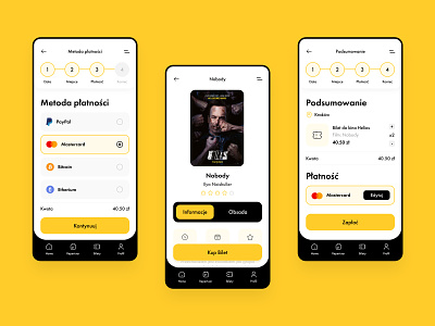 Cinema App 🎥 animation app application branding checkout cinema design graphic design helios kino mobile polska ticket ui ux yellow