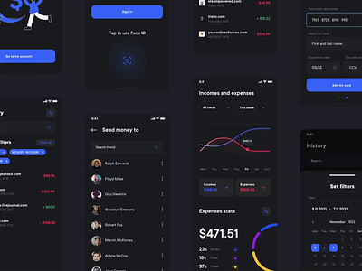 Walletus – Payment App. Dark Mode animation app application bank clean design figma finance interaction logo minimal mobile motion motion graphics pay payment protopie ui ux wallet