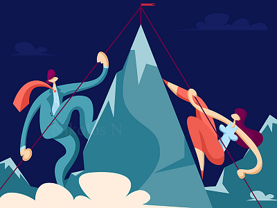 Businessman and businesswoman climb to the top of the mountain accomplishment achievement businessman businesswoman challenge climb cooperation freedom goal high mountain moving peak person rock success target triumph win winner