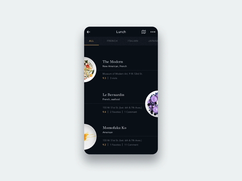 Restaurant List / UI Challenge — Week 11 app details flat food list location mobile restaurant search simple