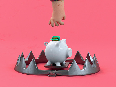 Piggybank in trouble 3d animation bank bear trap character cinema 4d design hand piggy run