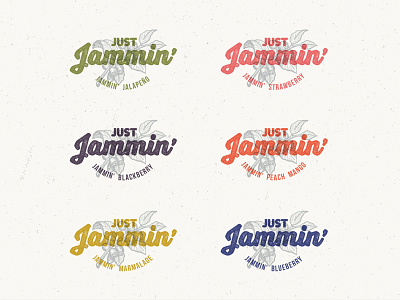 Just Jammin' Flavors 🍇 branding design distressed dribbble etching fruits graphic design illustration illustrator jam layout logo design marketing overlay packaging rubber stamp script texture typography vector