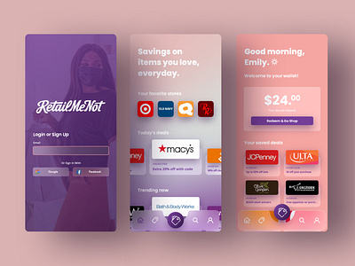 Retail Me Not App app blurred background brand dailyui030 dribbble glass iconography iphone layout marketing mobile app mobile ui purple retail shopping soft ui ui ux web
