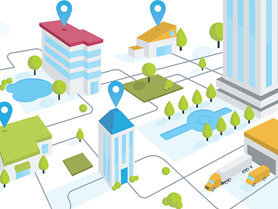 City Illustration brand branding buildings city dribbble flat design graphic design icon icons illustration illustrator layout line icons location map marketing trees truck typography vector