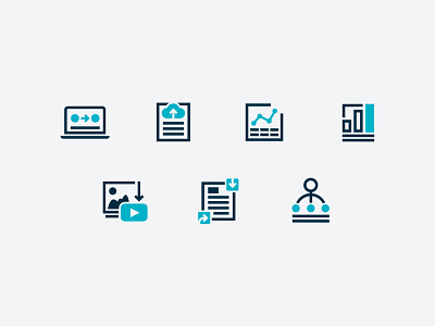 Icon Set blue brand branding chart dribbble flat design graph graphic design icon icon set iconography illustration laptop layout line icons navy teal upload vector video