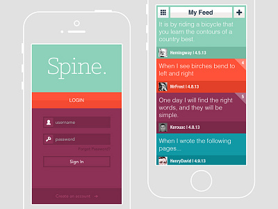 Spine. app ios login news feed short story spine ui user interface writing