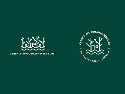 Woodland Resort badge cabin camping forest lake lines logo logomark trees woods