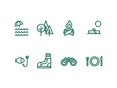 Woodland Resort Icons beach boat boot camp camping dining fire fish fishing hike icon icons identity illustration nature trees woods