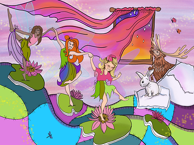 Children’s book Illustration - Dancing Fairies on Lilly Pads book illustration children book illustration childrens illustration digital illustration fairy fairy tale illustration imagination procreate illustration whimsical
