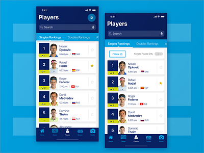 ATP Mobile App : Players Section - Filters (Entry Point) app design interaction phoenix product design sports tennis ui user testing ux