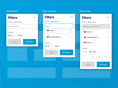 ATP Mobile App : Players Section - Filters (Modal) app design filter phoenix product design sorting sports tennis ui ux