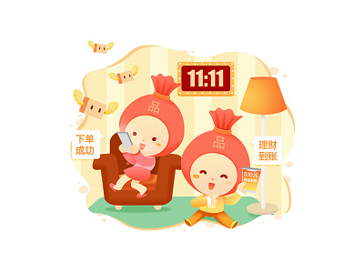 Double 11 Shopping Festival color illustrations lovely mobile phone shopping warm yellow