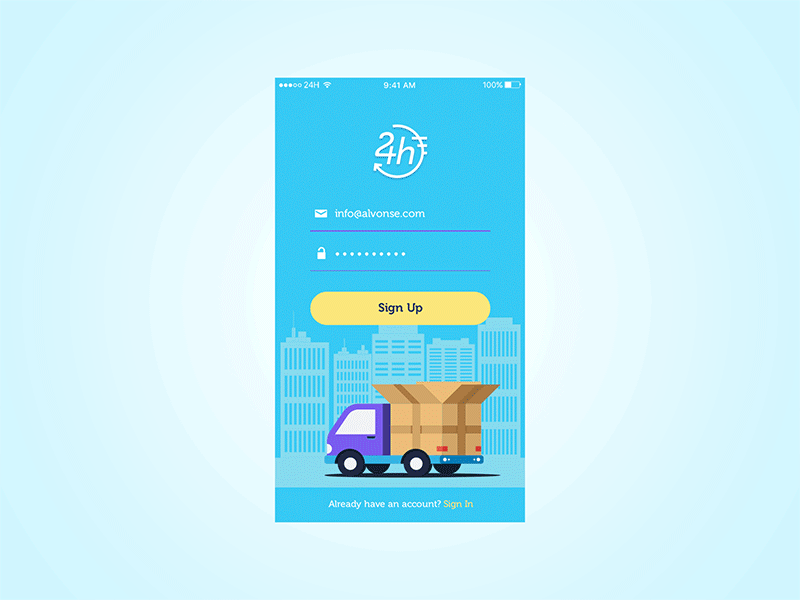 24h App - Sign Up page app day delivery illustration login mobile night register sign up ui ux