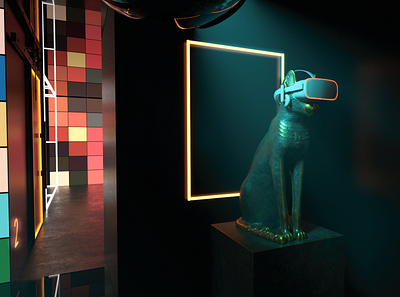 VR room in Amsterdam cat game glow neons rendering vintage