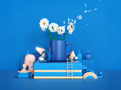 FLOWER abstract render ball blue flower mug statue steps