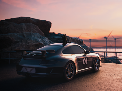 Porsche 911 3d c4d car cat graphic design ill illustration maxon porsche redshift render rendering sunset