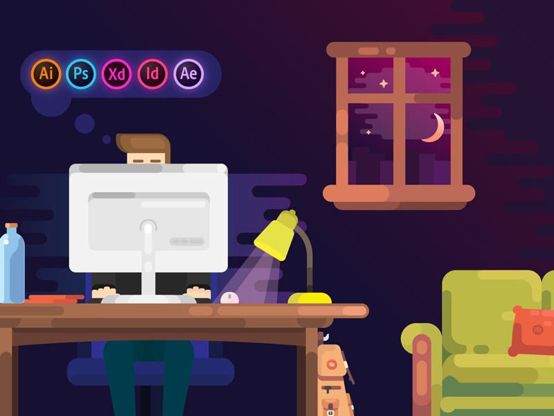 Working computer pc night graphic designer character room flat flat design illustration adobe illustrator