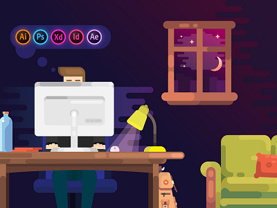 Working adobe illustrator character computer flat flat design graphic designer illustration night pc room