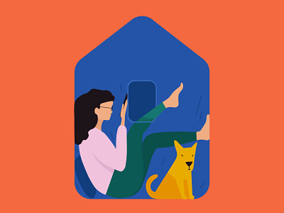 stay home alone dog editorial illustration flat home illustration minimal vector woman