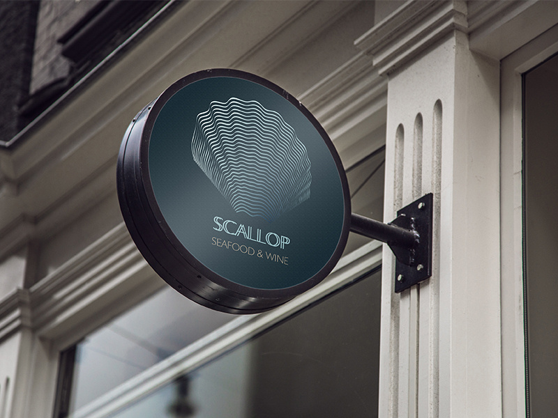 Logo wall sign branding restaurant scallop blue navy logo