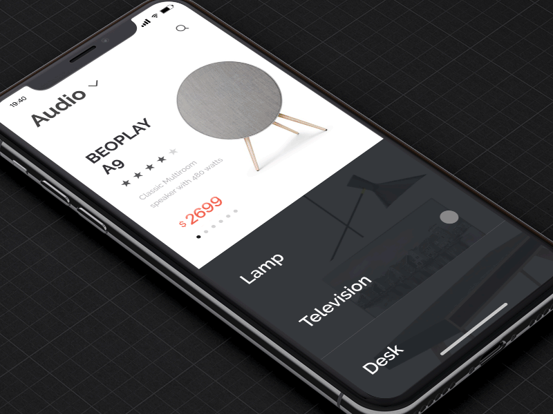 Lamp Screen Display 3d animation clean furniture ios iphone x mobile ui ux