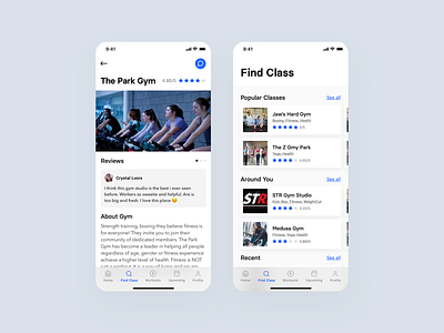 Fitsquare - Gym List & Detail Screens app blog blue class clean concept detail fitness fresh gym list mobile mobile app shadow