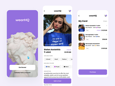 wearHQ - Aestethic Shopping App Concept add add to card aestethic app card check out clean detail login mobile pink purple register shop shopping splash wear