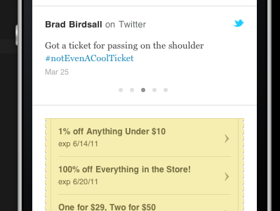 Twitter and Deals, yo bird coupon deals mobile mobile web slider specials twitter ui yellow