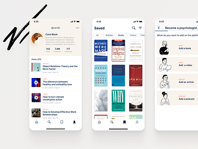 Mental health app account app beige books clean concept illustration ios library list minimal mobile app profile saved steps ui white