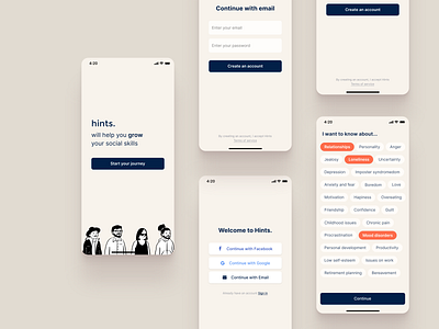 Mental health app - Onboarding account app art beige black clean concept homepage illustrations intro ios iphone iphone x minimal onboarding registration ui ux