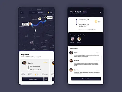 Carpooling app - Concept UI app app design car carpool carpooling clean app design map mobile trip ui uidesign uiux user interface design ux uxdesign visualdesign