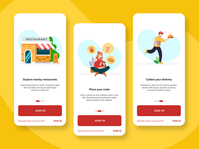 Walkthrough - Food Ordering App app bright clean concept design flat food illustration interface ios minimal onboarding ordering process signup slides ui ux vector walkthrough