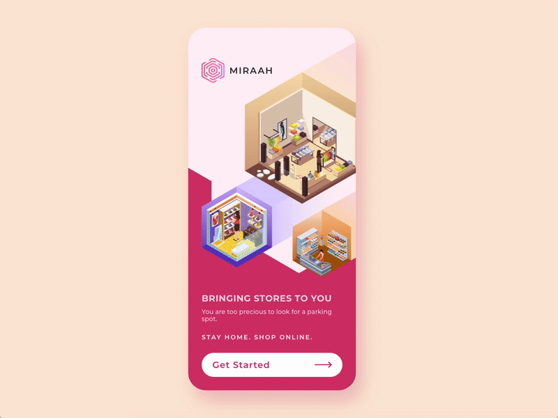 Miraah - Welcome Screen animation app clean concept design ecommerce flat get started illustration interface ios launch screen live login minimal mobile shopping ui ux welcome screen